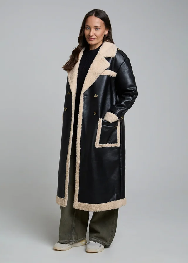 Wednesdays Girl Black Leather Look Faux Shearling Longline Lined Coat