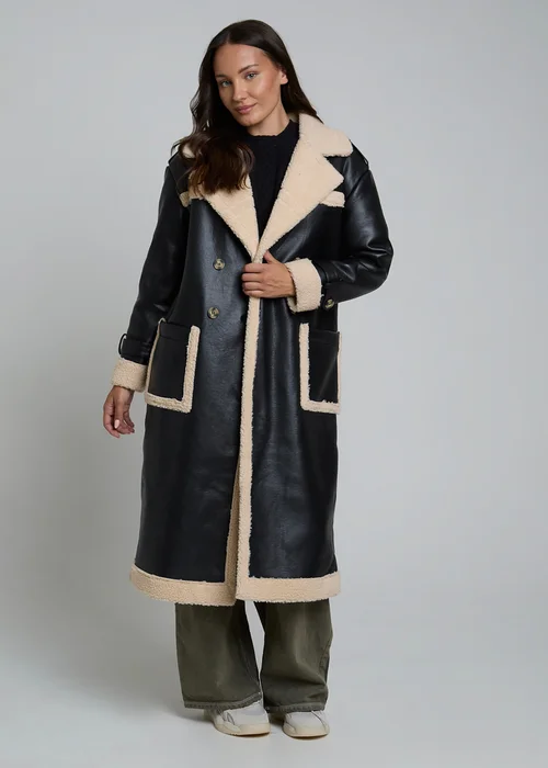 Wednesdays Girl Black Leather Look Faux Shearling Longline Lined Coat - L Image 4