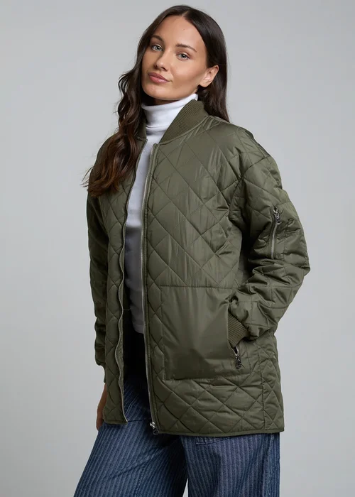 Wednesdays Girl Khaki Diamond Quilted Bomber Mid-Length Zip Jacket - S Image 1