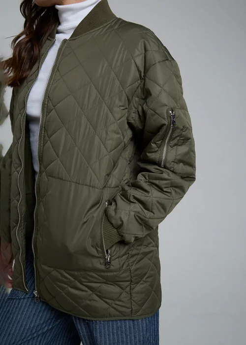 Wednesdays Girl Khaki Diamond Quilted Bomber Mid-Length Zip Jacket - S Image 3