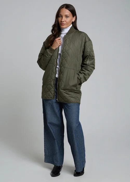 Wednesdays Girl Khaki Diamond Quilted Bomber Mid-Length Zip Jacket - S Image 4