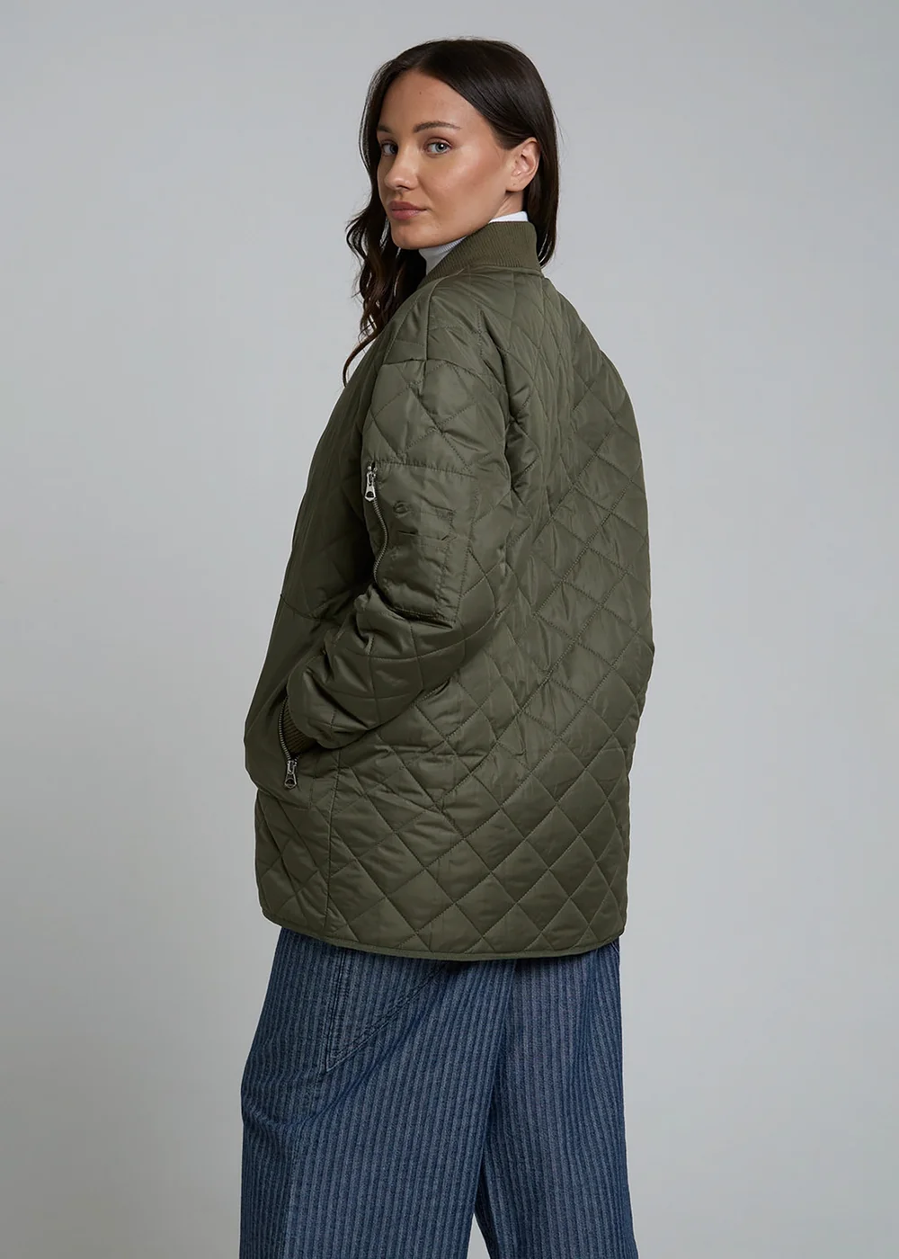 Wednesdays Girl Khaki Diamond Quilted Bomber Mid-Length Zip Jacket - S Image 2