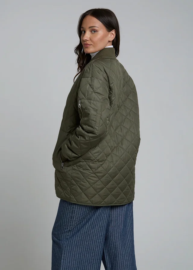 Wednesdays Girl Khaki Diamond Quilted Bomber Mid-Length Zip Jacket
