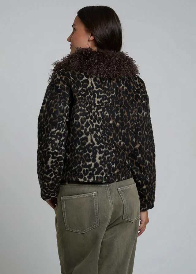 Wednesdays Girl Brown Leopard Print Faux Fur Collar Cropped Jacket