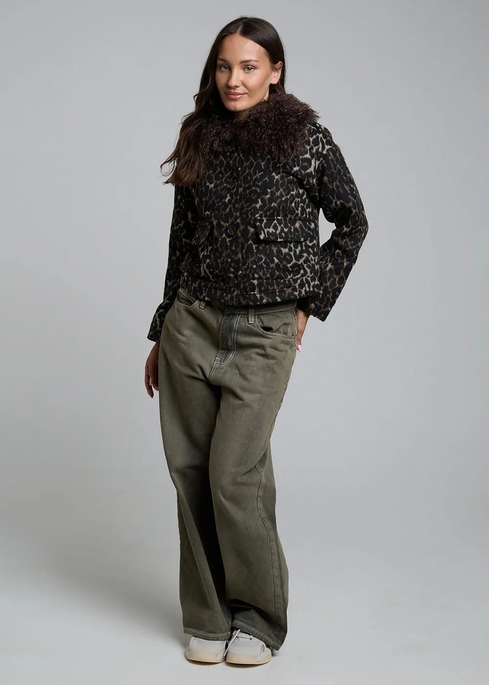 Wednesdays Girl Brown Leopard Print Faux Fur Collar Cropped Jacket - XS Image 4