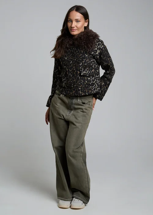 Wednesdays Girl Brown Leopard Print Faux Fur Collar Cropped Jacket - XS Image 4