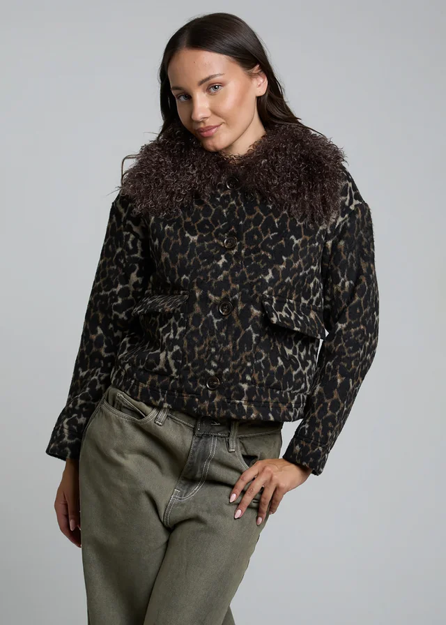 Wednesdays Girl Brown Leopard Print Faux Fur Collar Cropped Jacket