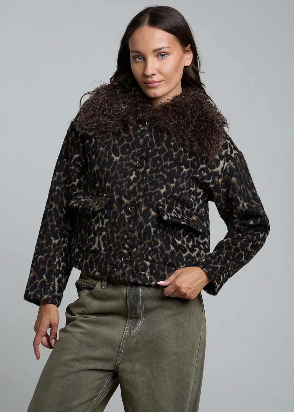 Wednesdays Girl Brown Leopard Print Faux Fur Collar Cropped Jacket - XS Image 5