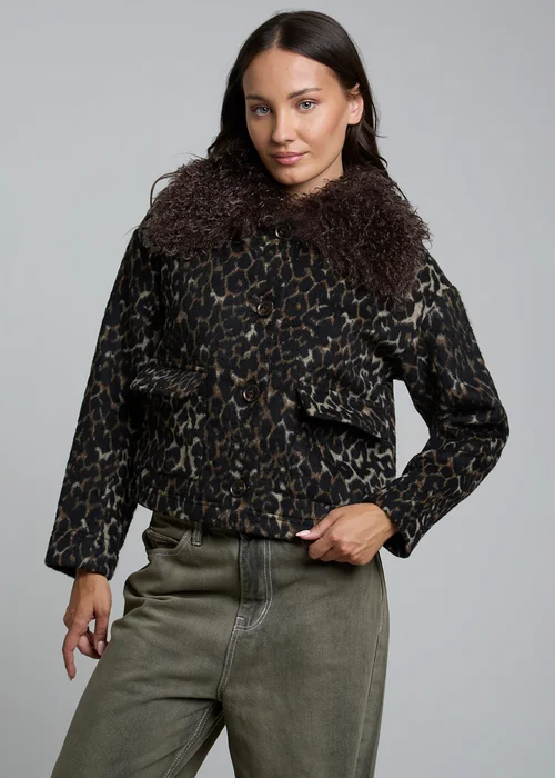 Wednesdays Girl Brown Leopard Print Faux Fur Collar Cropped Jacket - XS Image 5