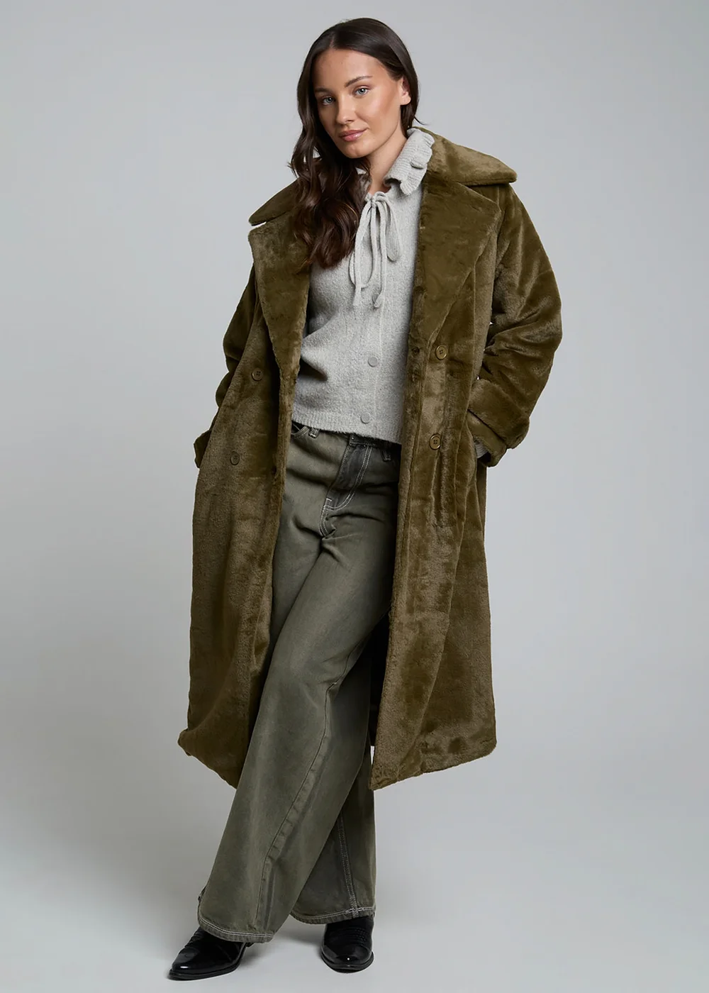 Wednesdays Girl Olive Belted Faux Shearling Longline Coat - L Image 5