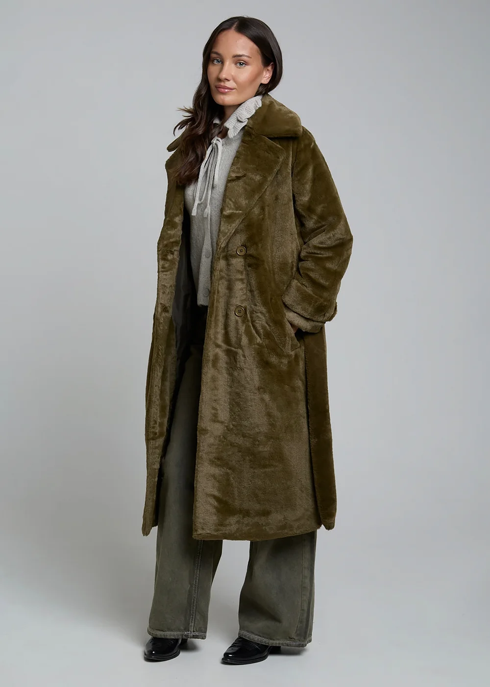 Wednesdays Girl Olive Belted Faux Shearling Longline Coat - L Image 4