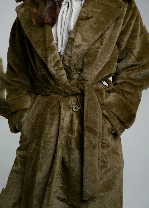 Wednesdays Girl Olive Belted Faux Shearling Longline Coat - L Image 3