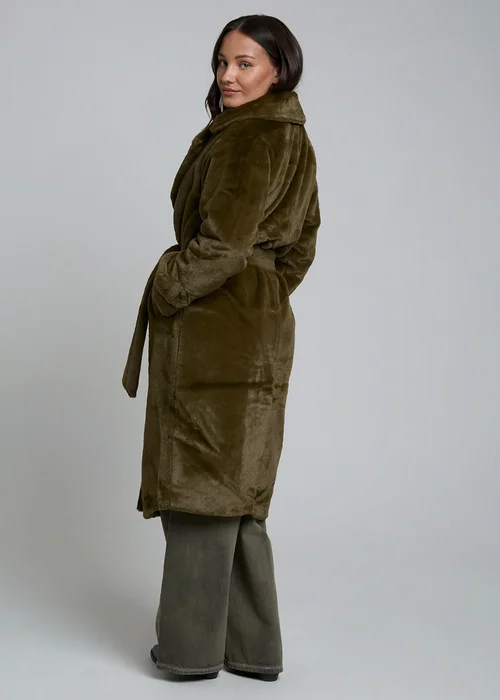 Wednesdays Girl Olive Belted Faux Shearling Longline Coat - L Image 2