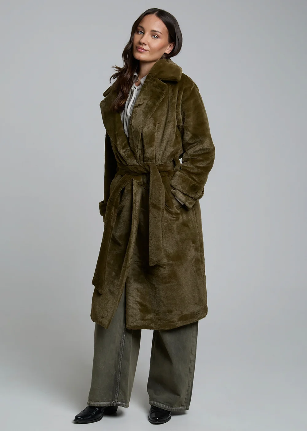 Wednesdays Girl Olive Belted Faux Shearling Longline Coat - L Image 1