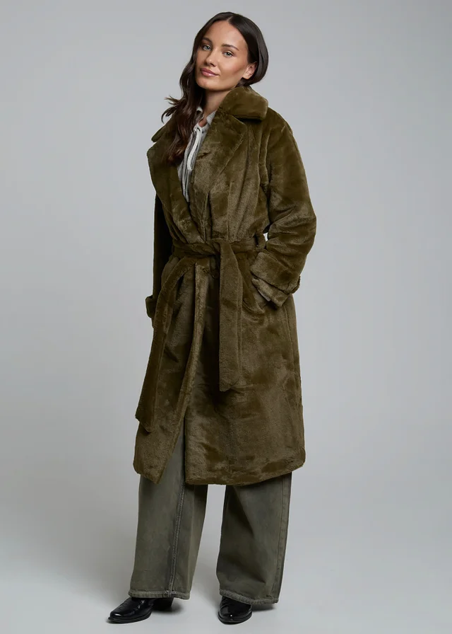 Wednesdays Girl Olive Belted Faux Shearling Longline Coat