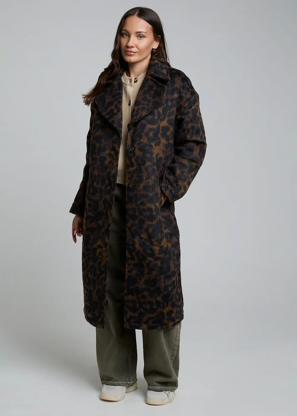 Wednesdays Girl Brown Leopard Print Mid-Length Tailored Coat - S Image 1