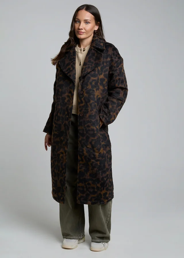 Wednesdays Girl Brown Leopard Print Mid-Length Tailored Coat