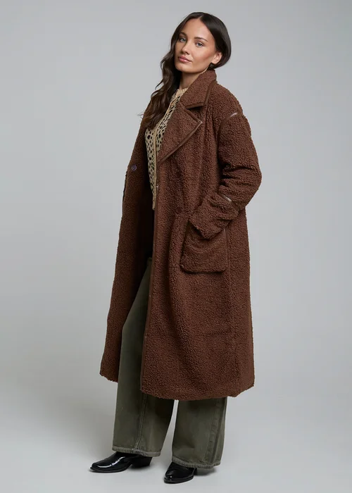 Wednesdays Girl Chocolate Teddy Borg Longline Button Coat - M Image 5