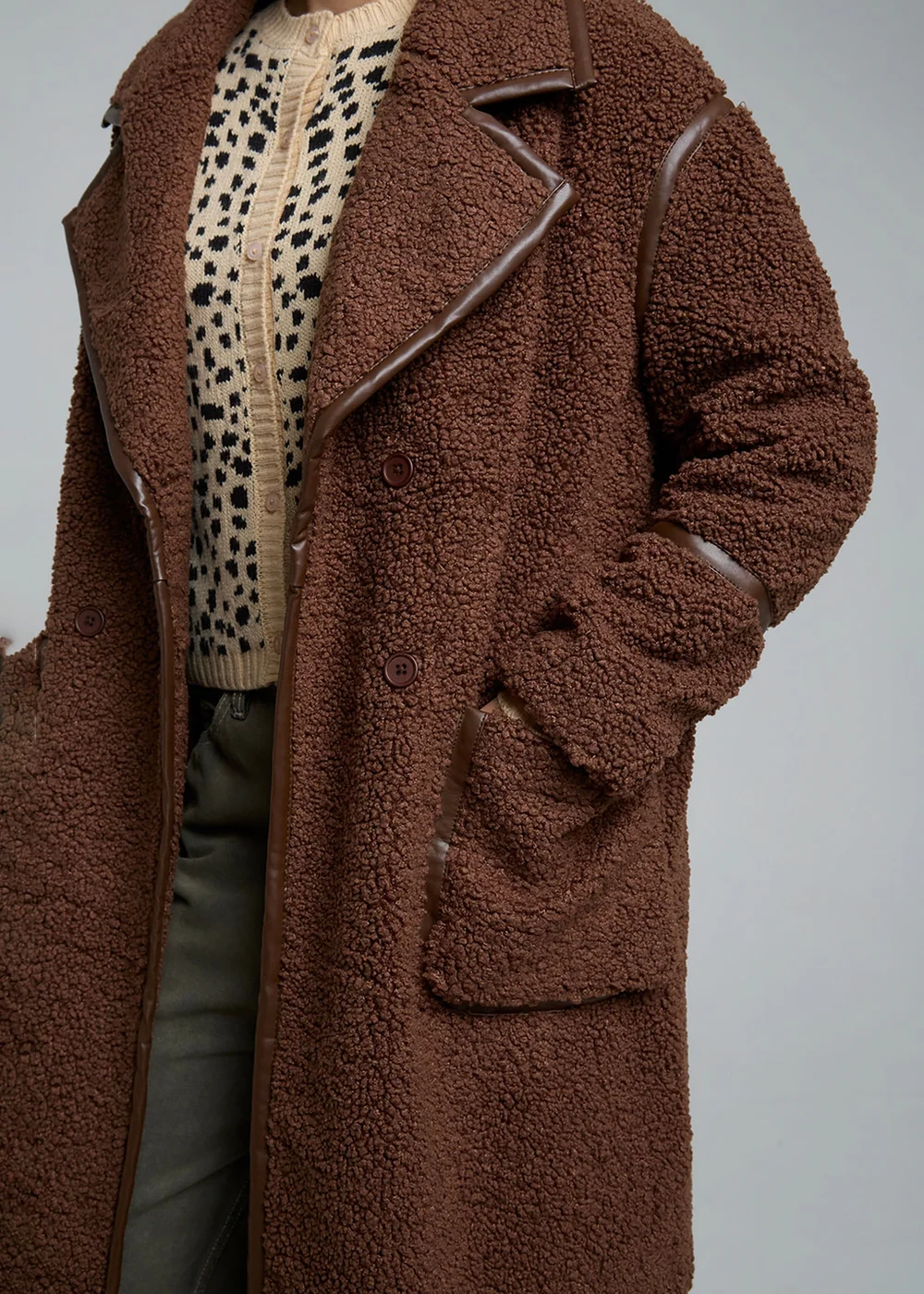 Wednesdays Girl Chocolate Teddy Borg Longline Button Coat - M Image 3