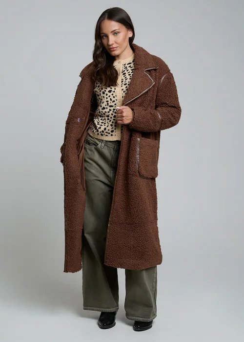 Wednesdays Girl Chocolate Teddy Borg Longline Button Coat - M Image 1