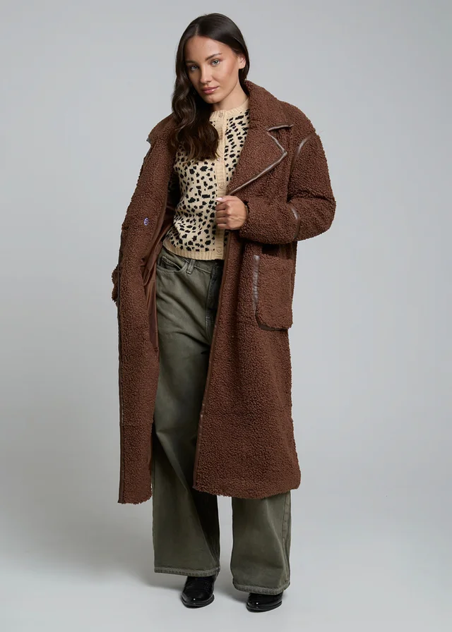 Wednesdays Girl Chocolate Teddy Borg Longline Button Coat