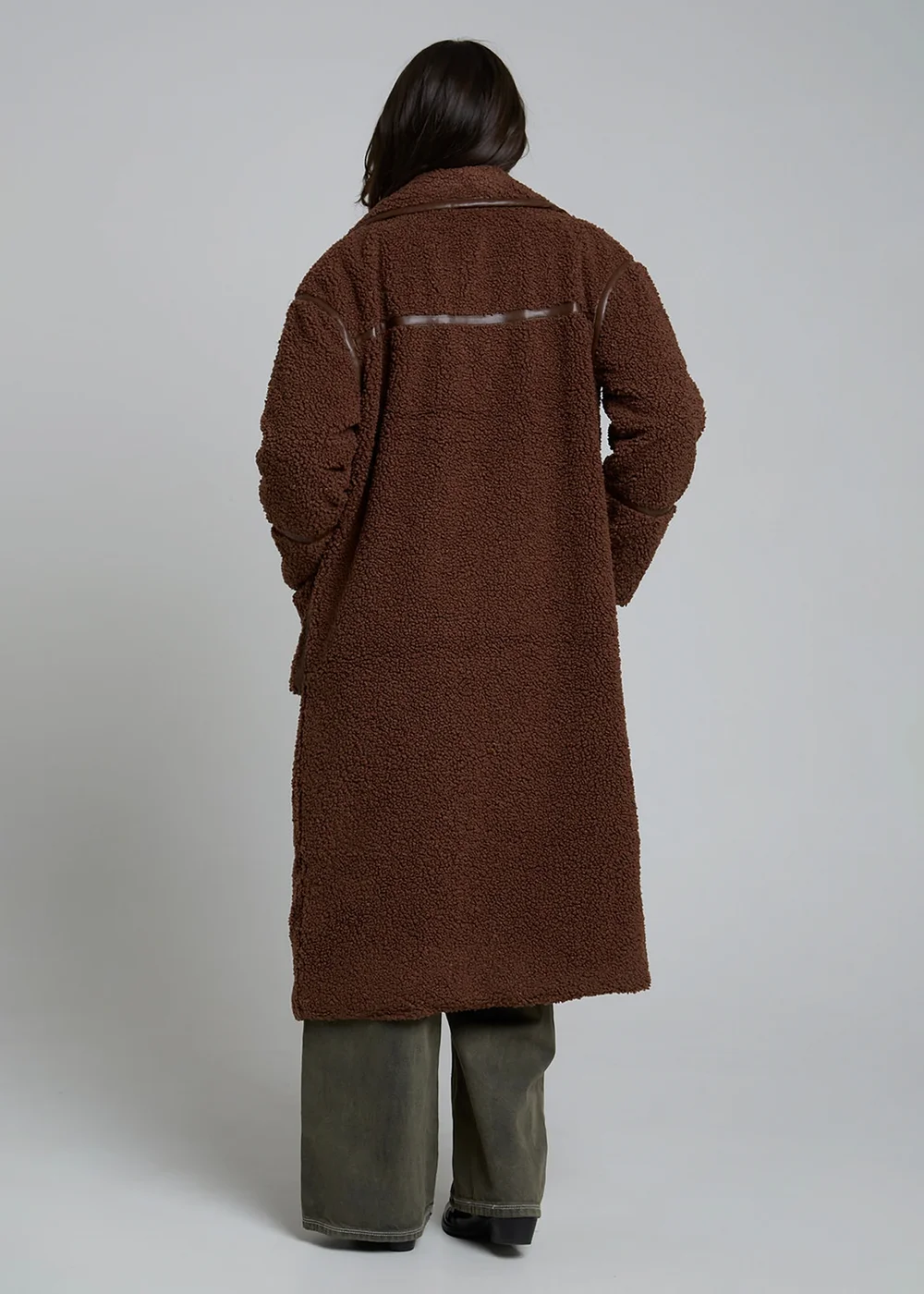 Wednesdays Girl Chocolate Teddy Borg Longline Button Coat - M Image 2