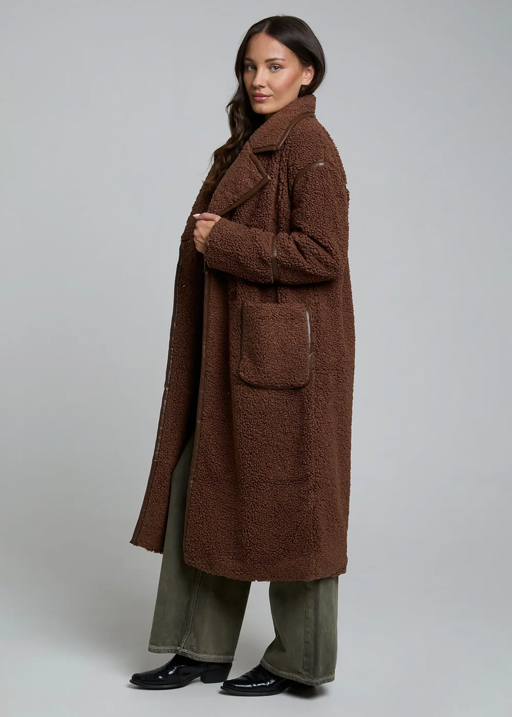 Wednesdays Girl Chocolate Teddy Borg Longline Button Coat - M Image 4