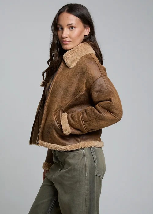 Wednesdays Girl Tan Faux Leather Boxy Aviator Jacket - L Image 1