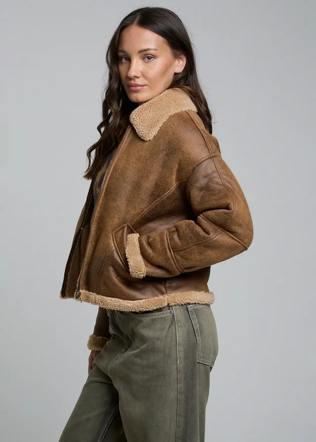 Wednesdays Girl Tan Faux Leather Boxy Aviator Jacket