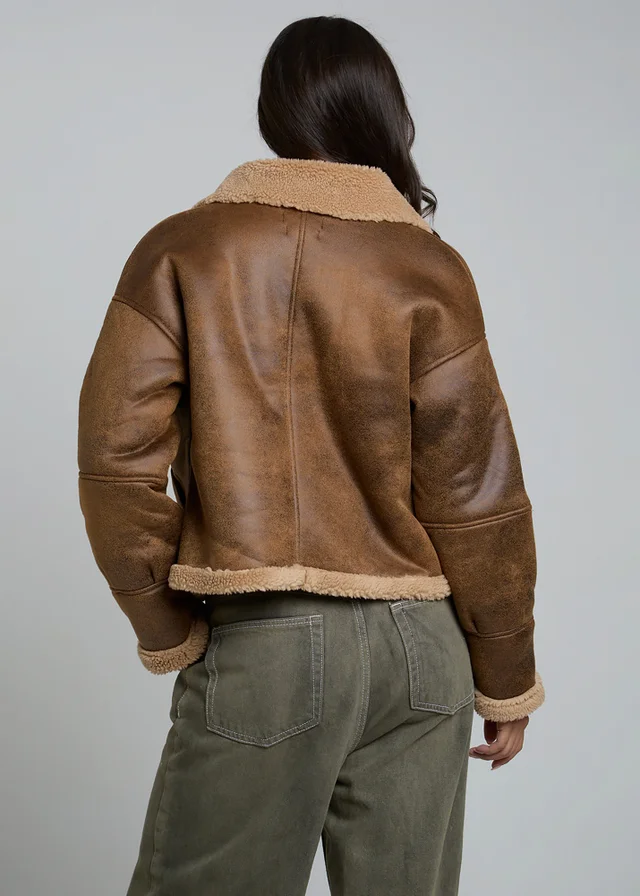 Wednesdays Girl Tan Faux Leather Boxy Aviator Jacket
