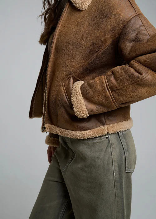 Wednesdays Girl Tan Faux Leather Boxy Aviator Jacket - L Image 3