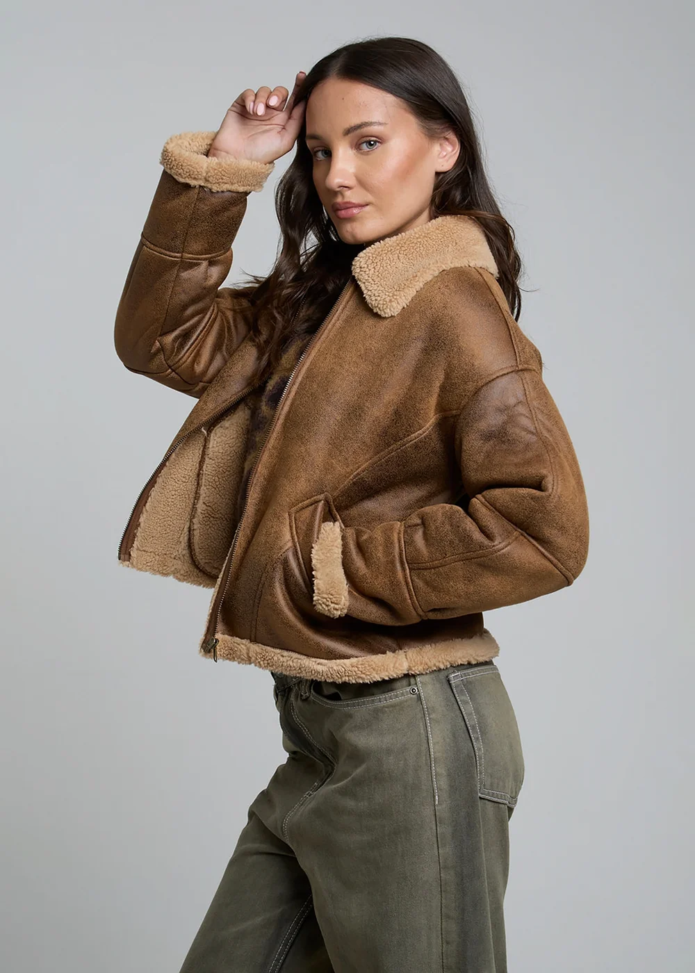 Wednesdays Girl Tan Faux Leather Boxy Aviator Jacket - L Image 5