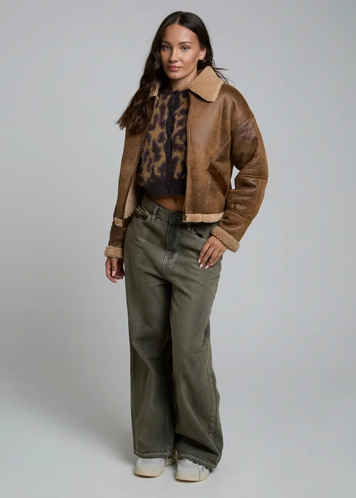 Wednesdays Girl Tan Faux Leather Boxy Aviator Jacket - L Image 4