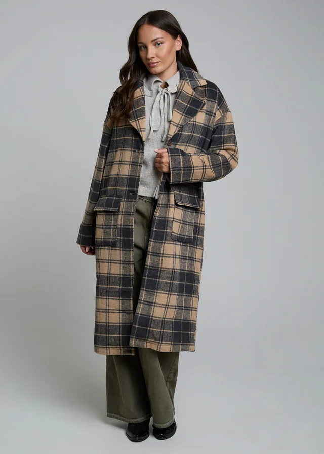 Wednesdays Girl Camel Longline Check Button Tailored Coat