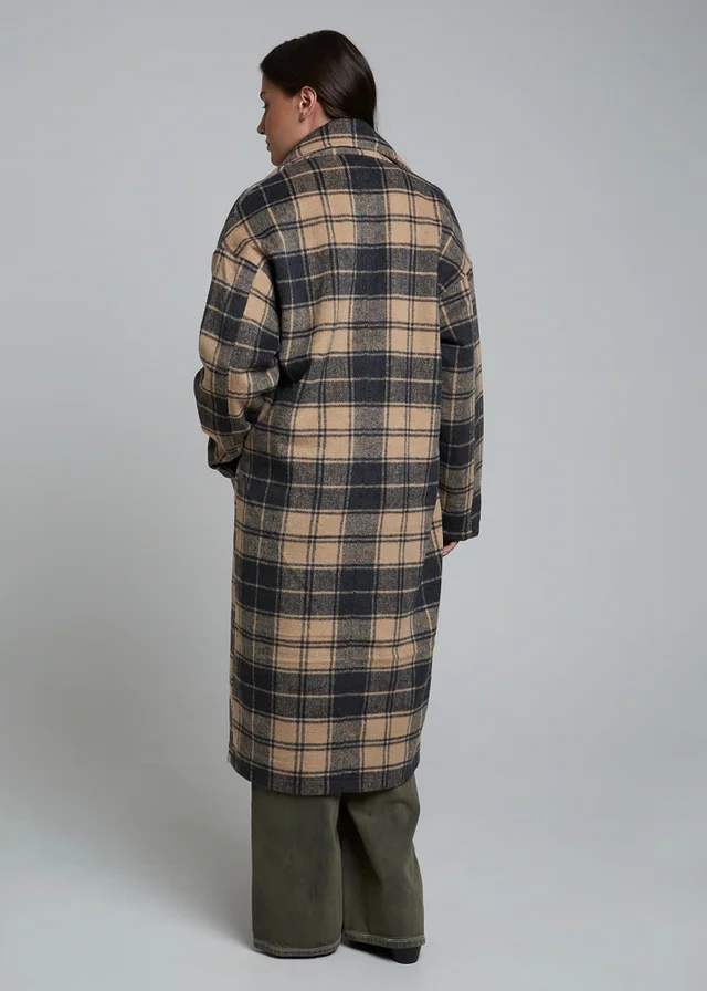Wednesdays Girl Camel Longline Check Button Tailored Coat