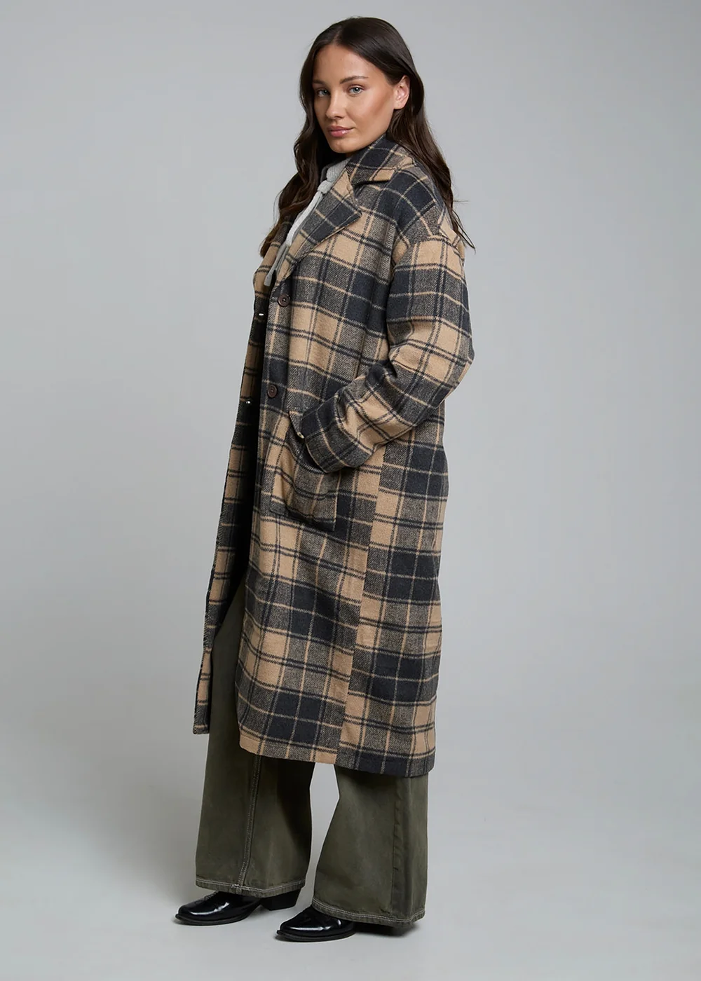 Wednesdays Girl Camel Longline Check Button Tailored Coat - M Image 5