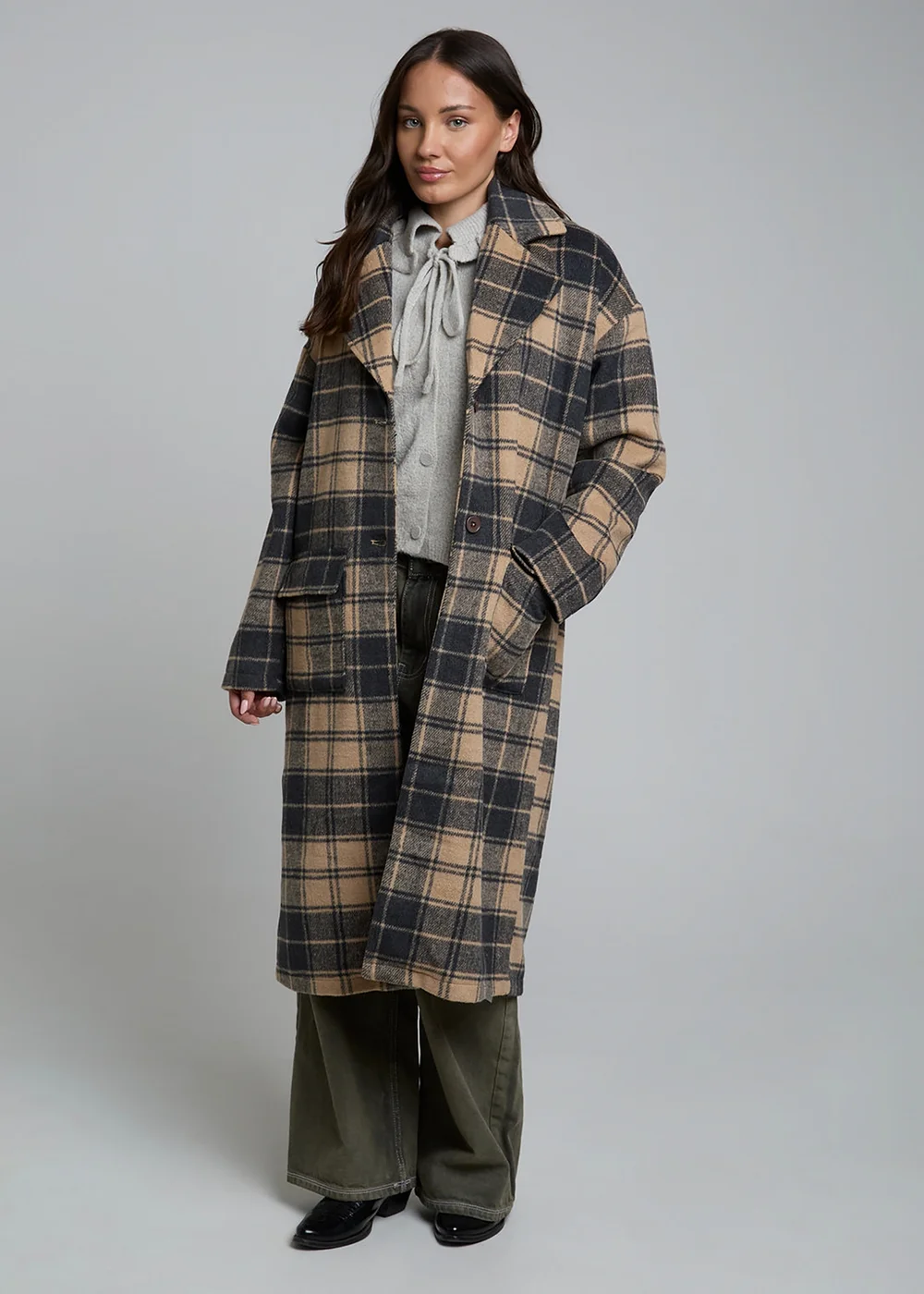 Wednesdays Girl Camel Longline Check Button Tailored Coat - M Image 4