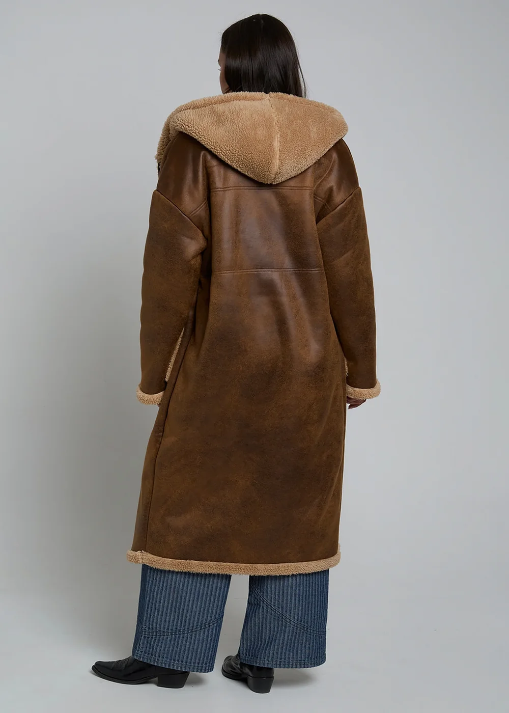 Wednesdays Girl Tan Faux Shearling Suede Longline Lined Coat - XS Image 2