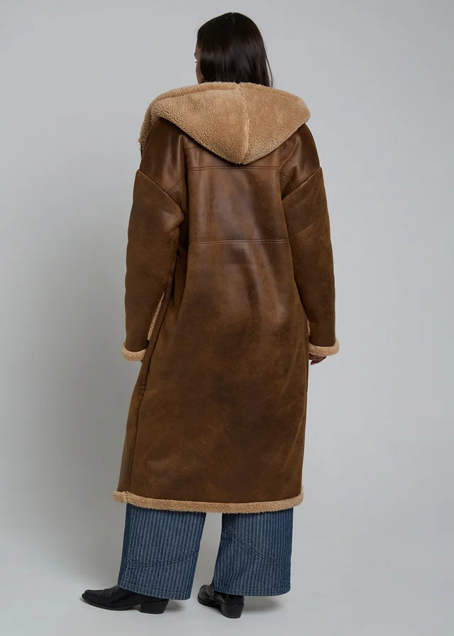 Wednesdays Girl Tan Faux Shearling Suede Longline Lined Coat