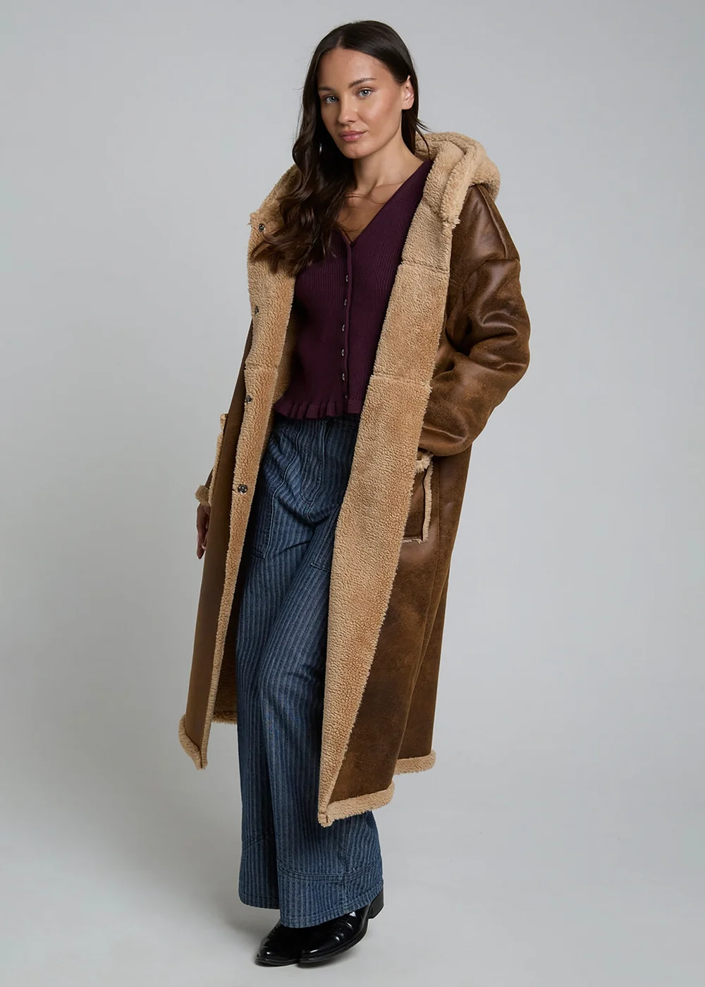 Wednesdays Girl Tan Faux Shearling Suede Longline Lined Coat - XS Image 1