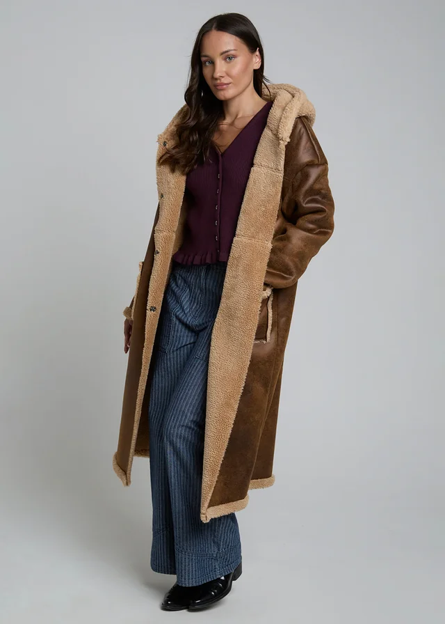 Wednesdays Girl Tan Faux Shearling Suede Longline Lined Coat