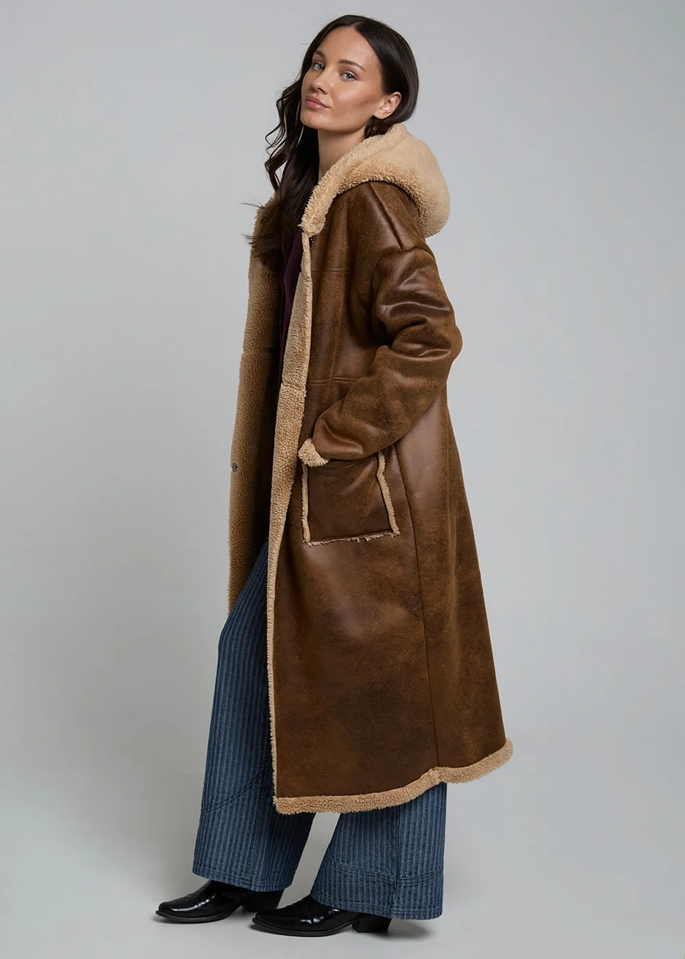 Wednesdays Girl Tan Faux Shearling Suede Longline Lined Coat - XS Image 4