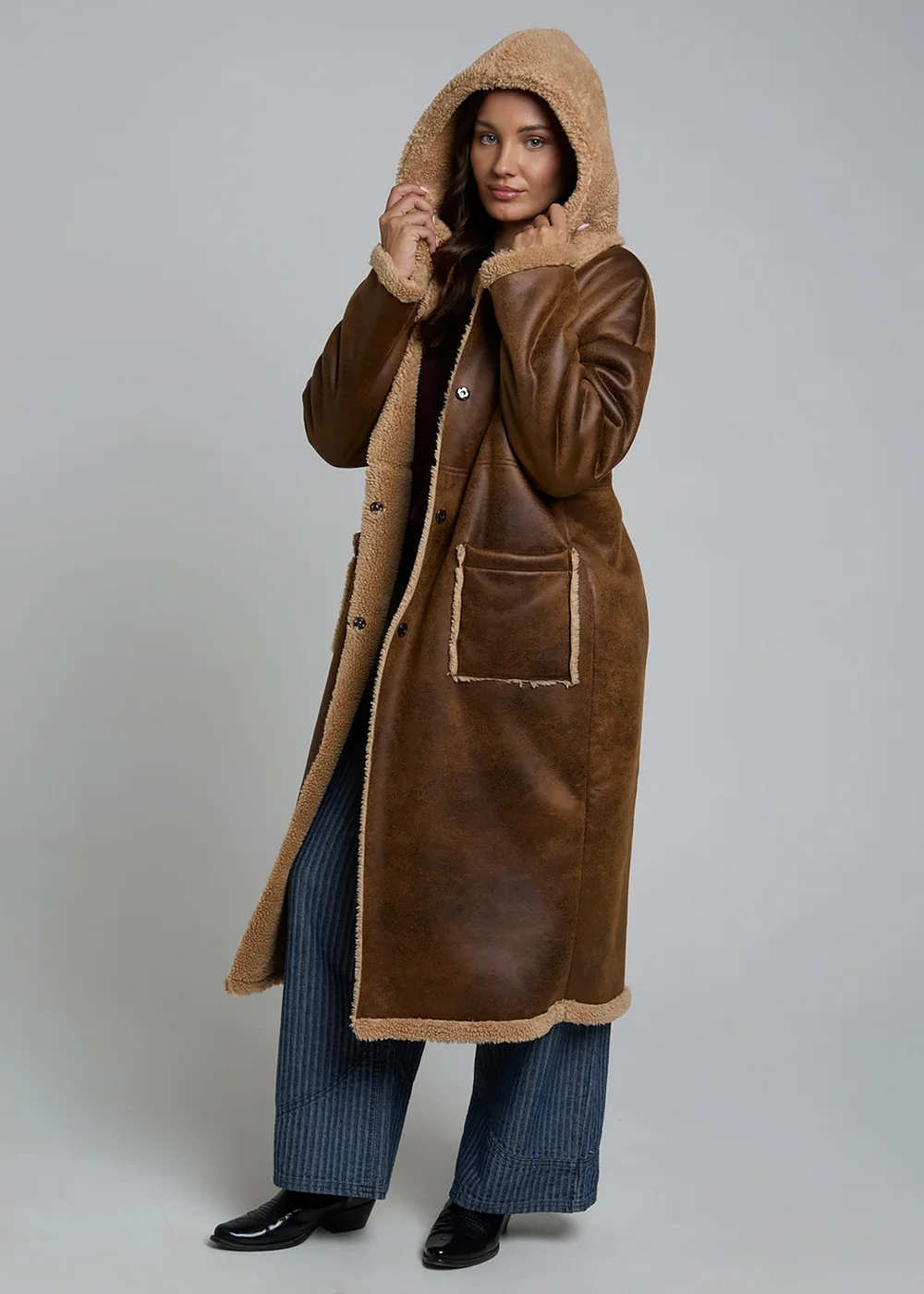 Wednesdays Girl Tan Faux Shearling Suede Longline Lined Coat - XS Image 5