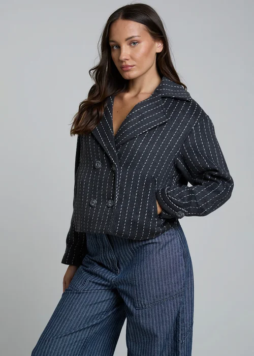 Wednesdays Girl Grey Single-Breasted Pinstripe Cropped Blazer - S Image 1