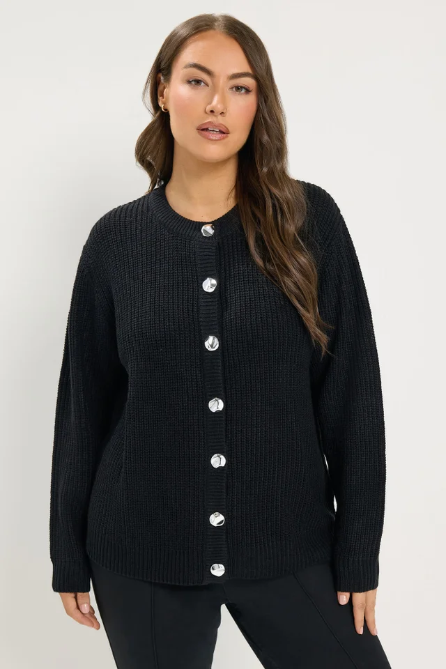 Yours Curve Black Metal Button Knitted Cardigan