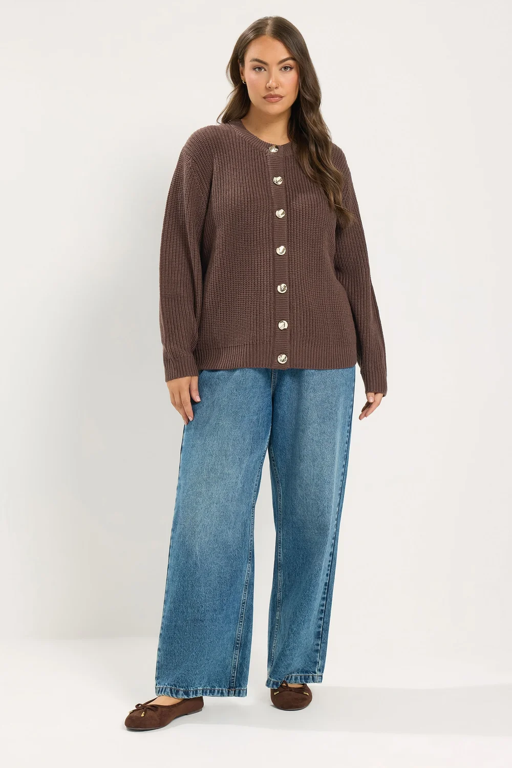 Yours Curve Chocolate Brown Metal Button Knitted Cardigan - 14-16 Image 2
