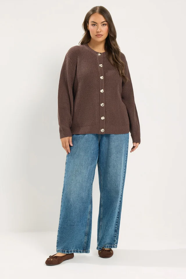Yours Curve Chocolate Brown Metal Button Knitted Cardigan