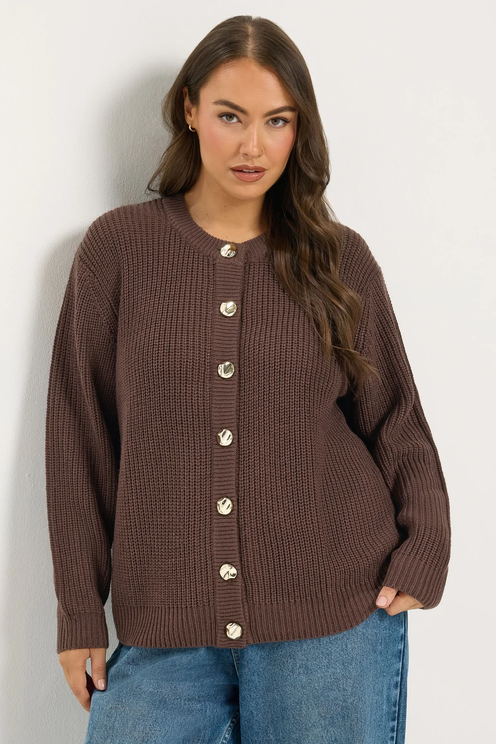 Yours Curve Chocolate Brown Metal Button Knitted Cardigan - 14-16 Image 1