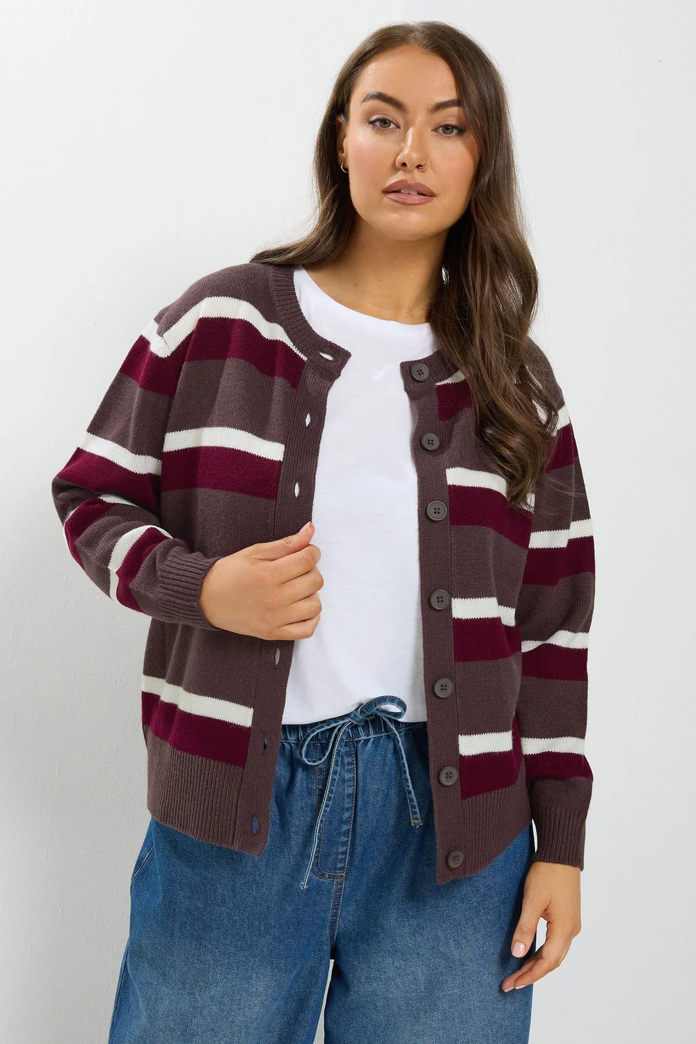 Yours Curve Chocolate Brown Stripe Cardigan - 22-24 Image 2