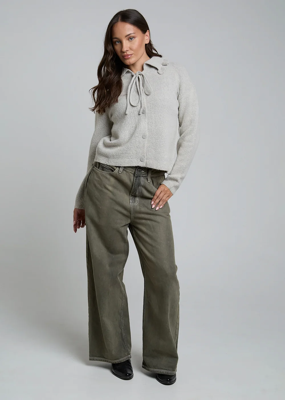 Wednesdays Girl Grey Ruffle Collared Long Sleeve Button Cardigan - S Image 4